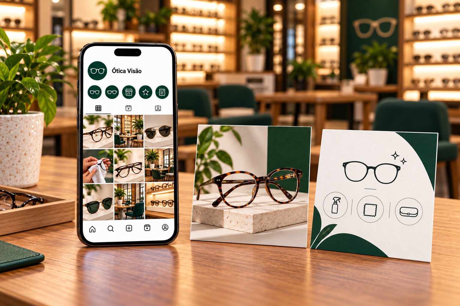 Mockup ilustrativo de Instagram profissional e conteúdos para óticas, com celular e cards de produtos.